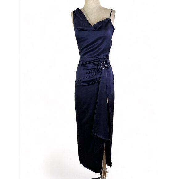 NICHOLAS Senda Asymmetric Gown in Midnight 0 New Womens Satin navy Long Dress - Picture 5 of 13